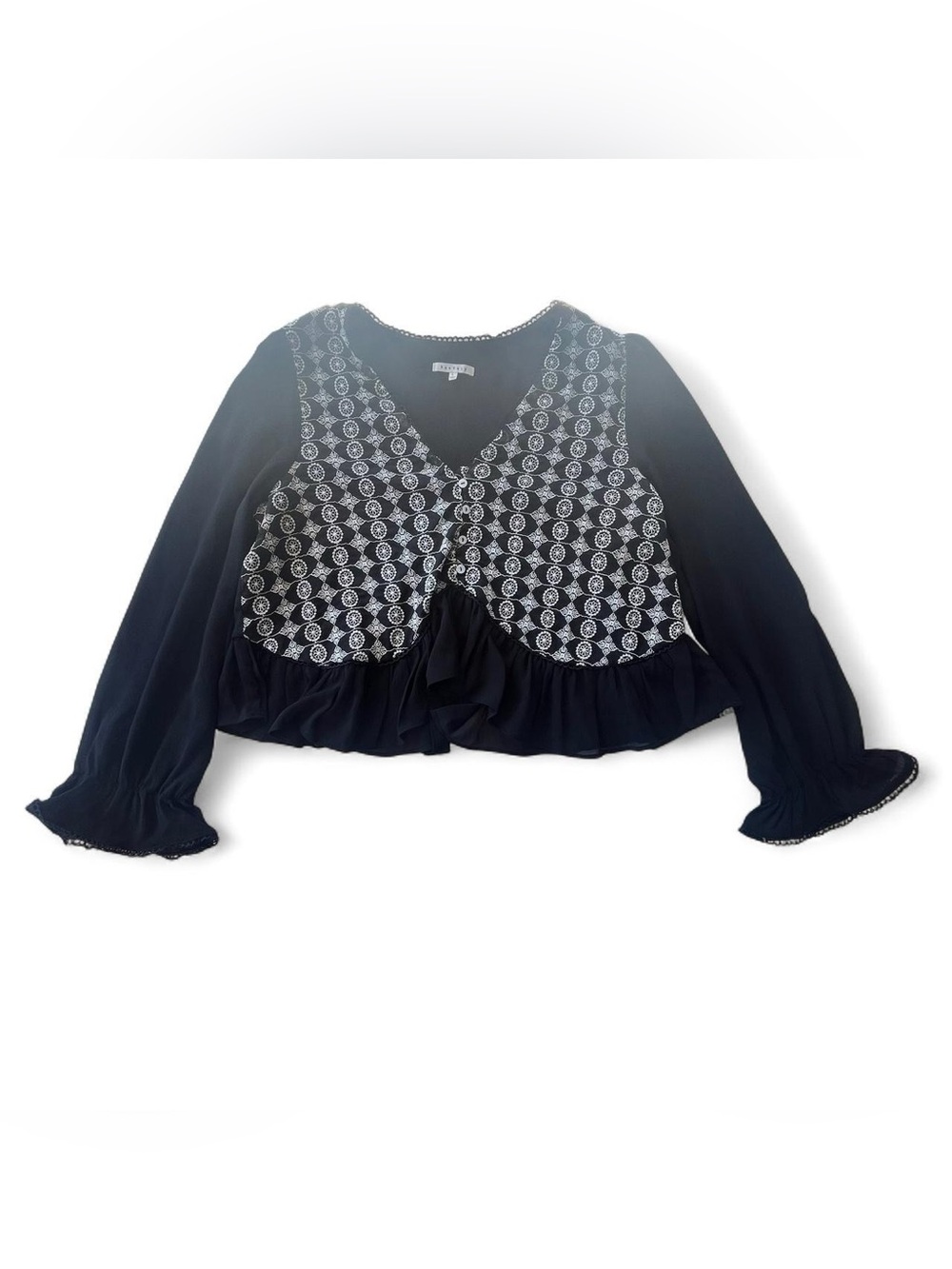 BaeVely Women’s Black Embroidered Floral Peplum Blouse Size L Elegant Boho Top